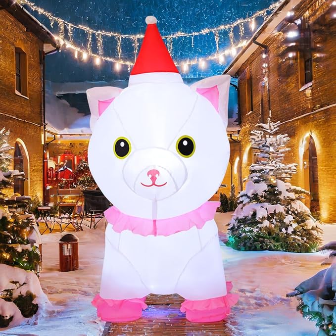 Goosh 5 FT Christmas Inflatables Outdoor Decorations, Blow Up Cute White Cat with Built-in LEDs for Christmas Indoor Outdoor Yard Lawn Garden Decorations