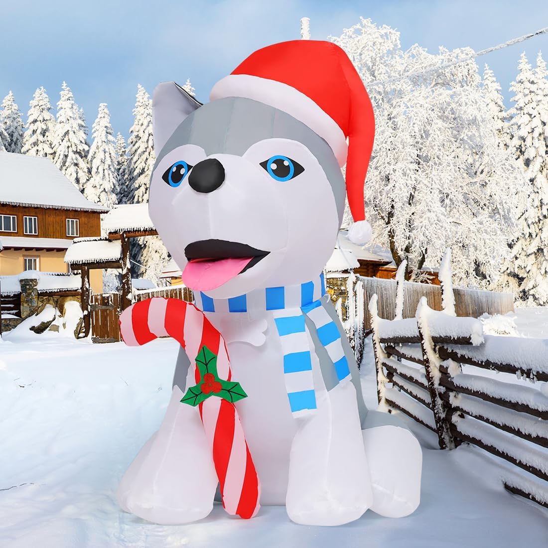 GOOSH 4 FT Christmas Inflatables Dog Outdoor Decorations Blow Up Husky Dogs Holding Candy Cane with Built-in LEDs for Xmas Party Indoor Garden Lawn Decor