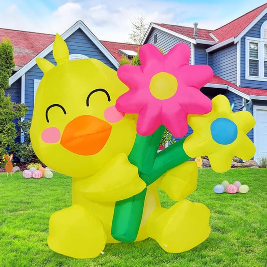 GOOSH 5.2 FT Easter Inflatables Chicken Outdoor Decorations Blow Up Chick Spring Flower with Built-in LEDs for Indoor Yard Garden Lawn Decoration