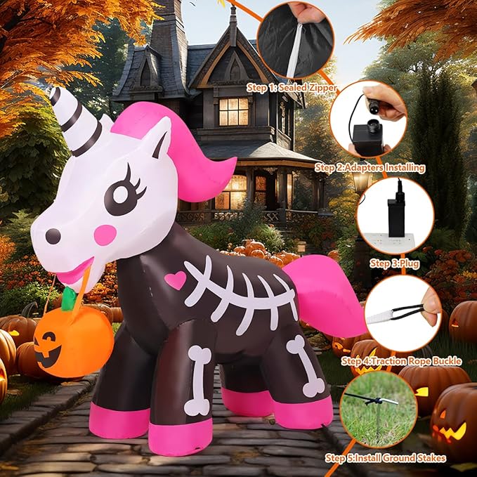 GOOSH 5 FT Halloween Inflatables Skeleton Unicorn Outdoor Decorations Blow Up Yard Pink Cute with Built-in LEDs for Indoor Party Garden Lawn Decor