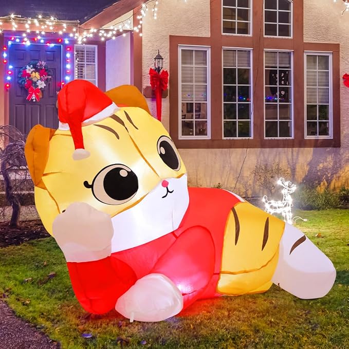 GOOSH 5 FT Christmas Cat Inflatables Outdoor Decoration, Christmas Cat Blow Up with Built-in LEDs for Christmas Indoor Outdoor Yard Lawn Garden Decorations