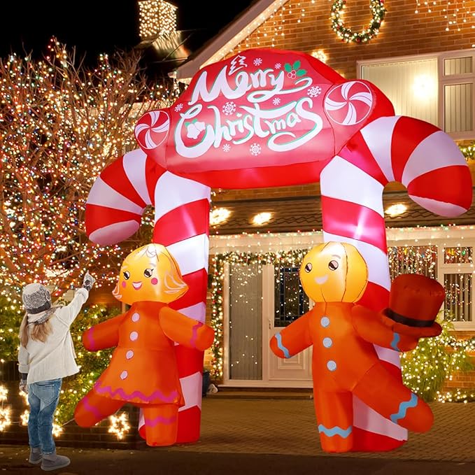 GOOSH 9.6 FT Christmas Inflatables Archway Outdoor Decorations Blow Up Yard Cute Candy Cane Archway with Couple Gingerbread with Built-in LEDs for Xmas Garden Lawn Indoor Party Decor
