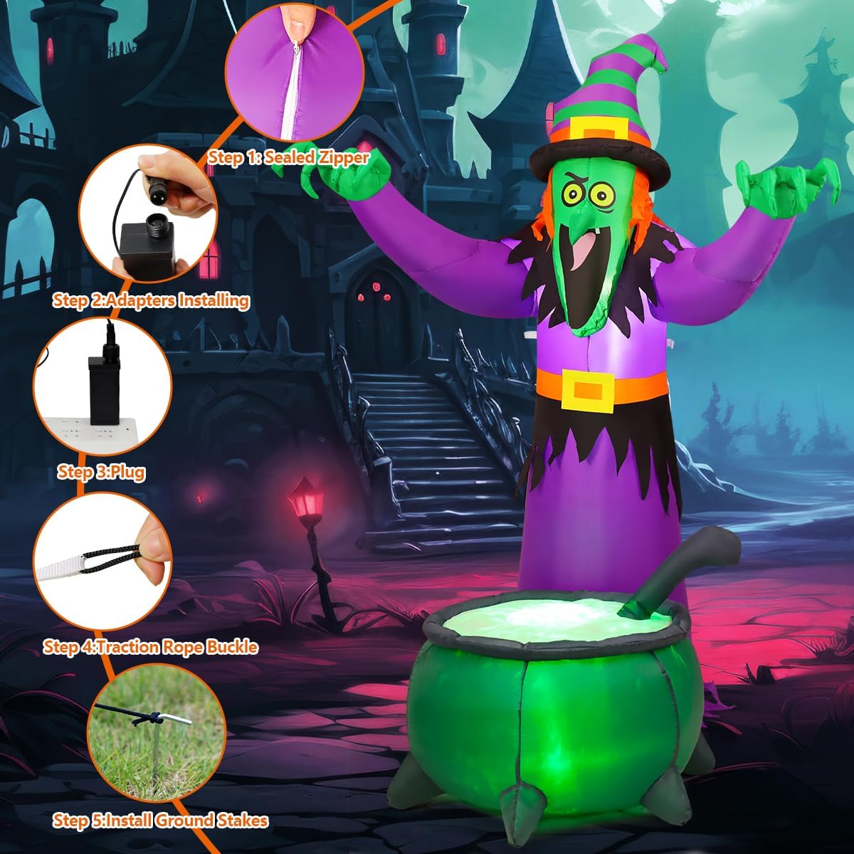 Goosh 6FT Halloween Inflatables Animated Witch Waving Hands Blow Up Outdoor Yard Decorations Garden Lawn Decor