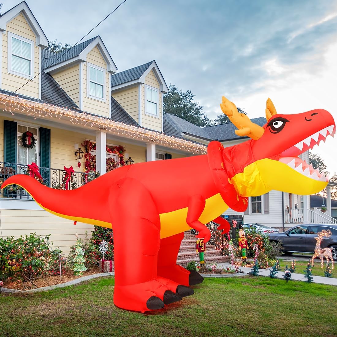 Goosh 6 FT Christmas Inflatables Outdoor Decorations Blow Up Antlers Dinosaur Inflatable with Built-in LEDs for Christmas Indoor Outdoor Yard Lawn Garden Decorations