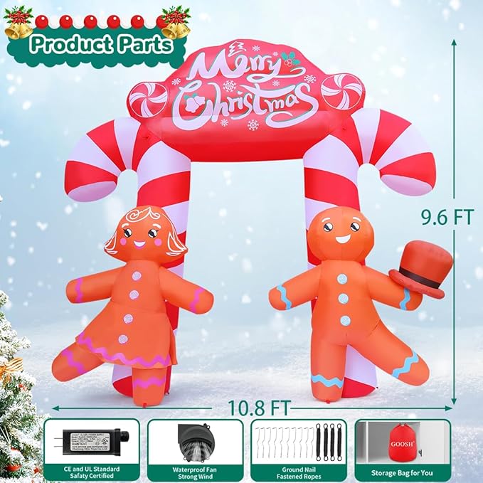 GOOSH 9.6 FT Christmas Inflatables Archway Outdoor Decorations Blow Up Yard Cute Candy Cane Archway with Couple Gingerbread with Built-in LEDs for Xmas Garden Lawn Indoor Party Decor