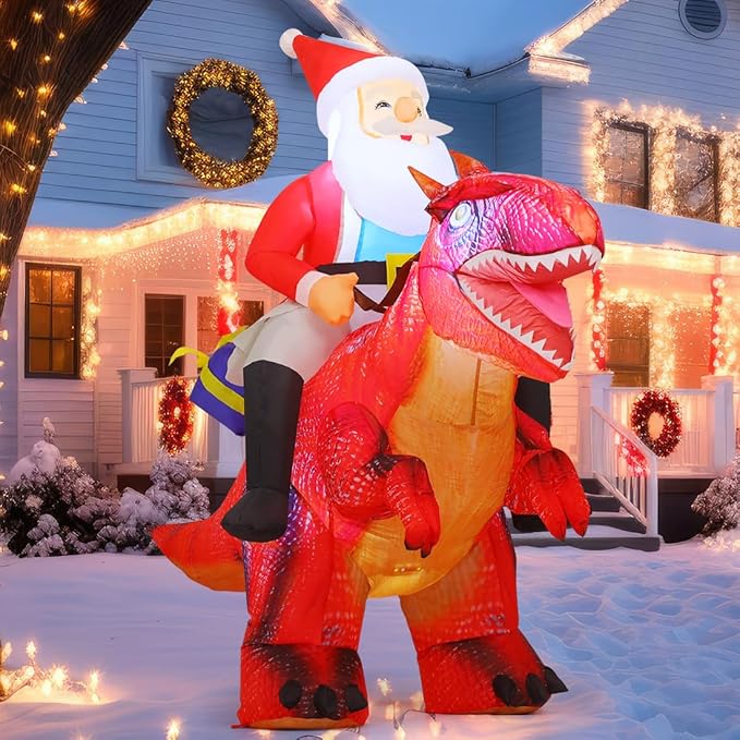 Goosh 5 FT Long Christmas Inflatables Outdoor Decorations, Blow Up Santa Claus Riding Red Dinosaur with Built-in LEDs for Christmas Indoor Outdoor Yard Lawn Garden Decorations