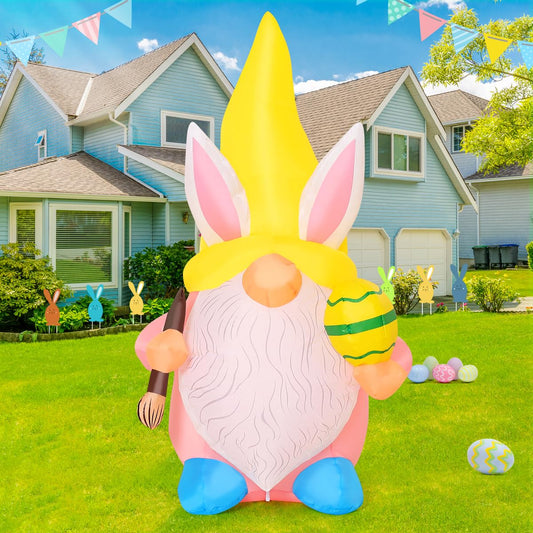 GOOSH 5 FT Easter Inflatable Gnome Outdoor Decorations Blow Up Yard Cute Gnome Wearing Bunny Hat Holding Eggs and Paintbrush Built-in LEDs Garden Lawn Indoor Decor