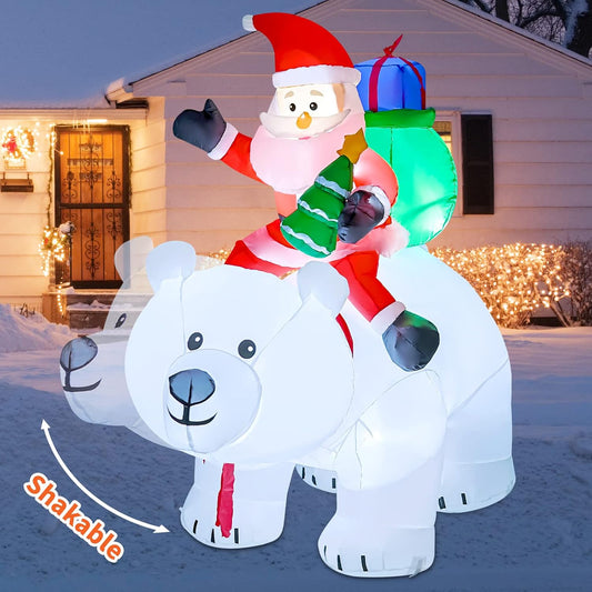 GOOSH 6ft Light-Up Inflatable Santa Riding Polar Bear Christmas Yard Decoration
