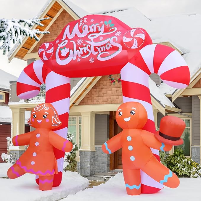 GOOSH 9.6 FT Christmas Inflatables Archway Outdoor Decorations Blow Up Yard Cute Candy Cane Archway with Couple Gingerbread with Built-in LEDs for Xmas Garden Lawn Indoor Party Decor