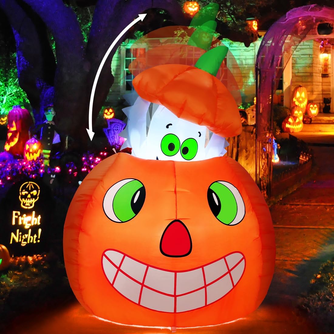 GOOSH 5 FT Halloween Inflatables Animated Pumpkin Ghost Outdoor Decorations Blow Up Yard with Built-in LEDs for Indoor Party Garden Lawn Decor