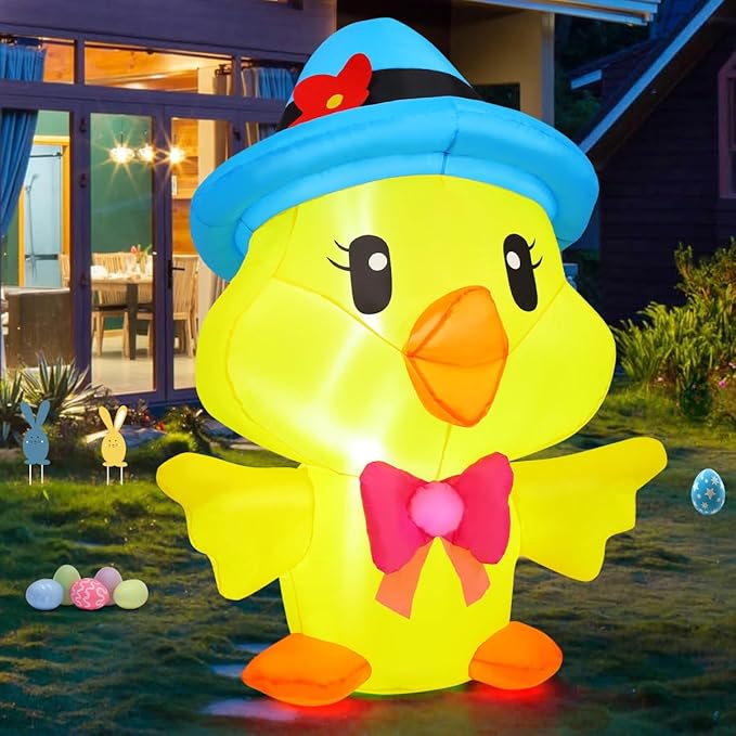GOOSH 5.2 FT Easter Inflatables Chicken Outdoor Decorations Blow Up Yard with The Blue Hat with Built-in LEDs for Indoor Party Garden Lawn Decor