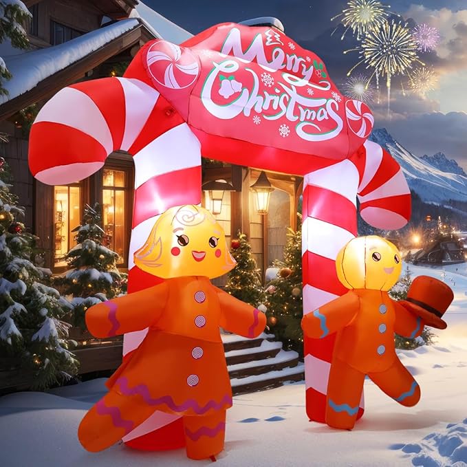 GOOSH 9.6 FT Christmas Inflatables Archway Outdoor Decorations Blow Up Yard Cute Candy Cane Archway with Couple Gingerbread with Built-in LEDs for Xmas Garden Lawn Indoor Party Decor