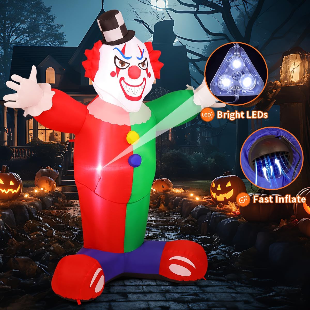 GOOSH 7.2 FT Halloween Inflatables Clown Outdoor Blow Up Yard Clown Decoration with LED Lights Built-in for Holiday Party Yard Garden