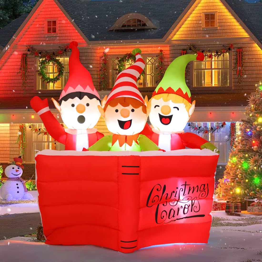 Goosh 5 FT Christmas Inflatables Elf Outdoor Decorations Blow Up Yard High Scripture Reading Book with Built-in LEDs for Indoor Party Garden Lawn Decor