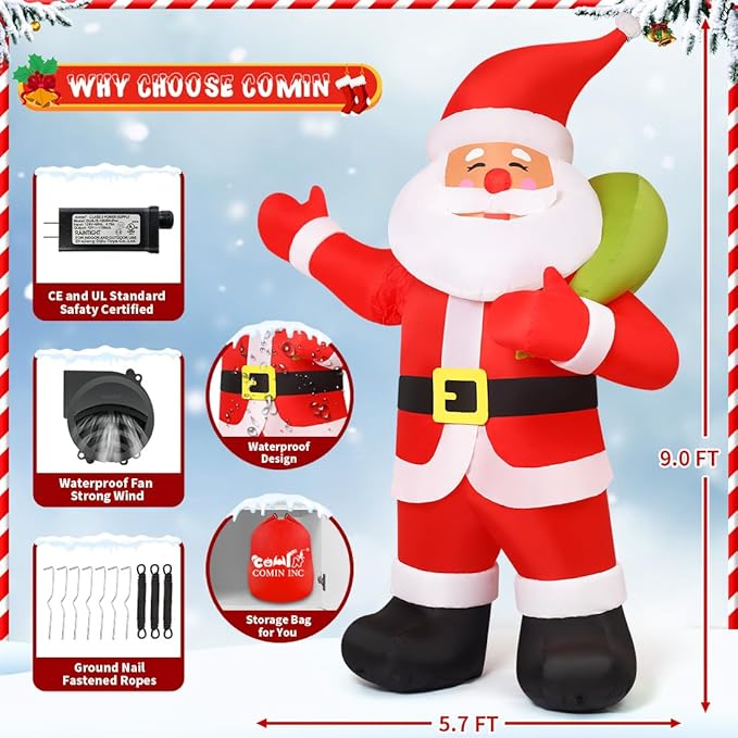 Goosh 9 FT Christmas Inflatables Santa Claus Animated Gaint Outdoor Blow Up Yard Decorations Built-in LEDs for Indoor Party Garden Lawn Decor