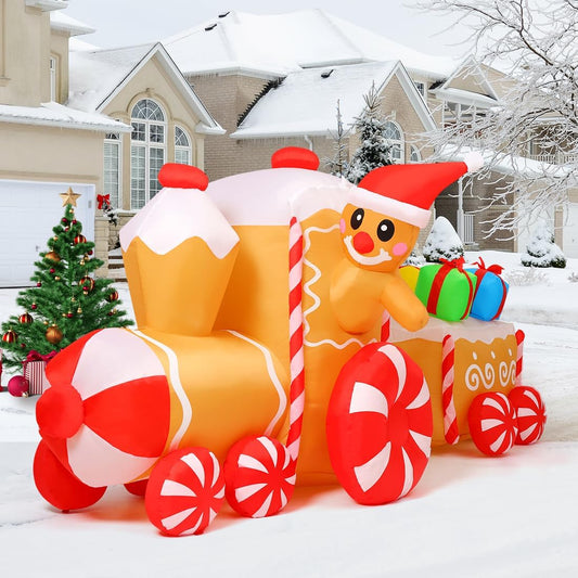 GOOSH 9 FT Length Christmas Inflatables Outdoor Decoration Blow Up Gingerbread Man Train with Built-in LEDs for Indoor Yard Garden Lawn Decor