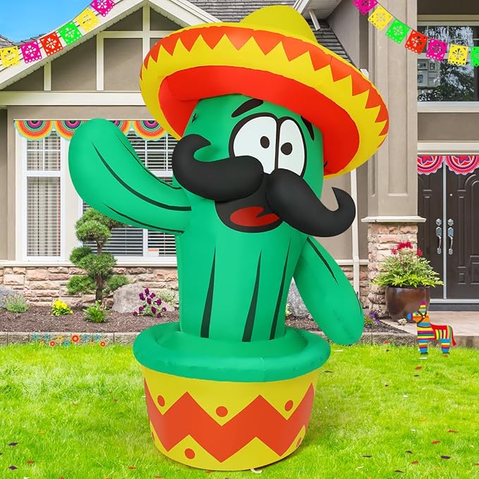 GOOSH 5 FT Cinco De Mayo Inflatables Cactus Outdoor Mexican Decorations Blow Up Yard Cactus Taco Sombrero Mexican Fiesta Party Decoration with Built-in LEDs for Indoor Garden Lawn Yard Decor