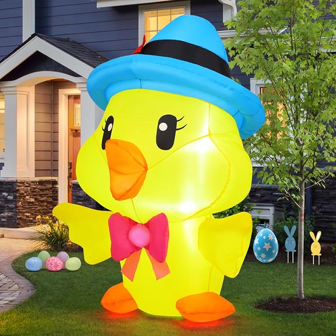 GOOSH 5.2 FT Easter Inflatables Chicken Outdoor Decorations Blow Up Yard with The Blue Hat with Built-in LEDs for Indoor Party Garden Lawn Decor