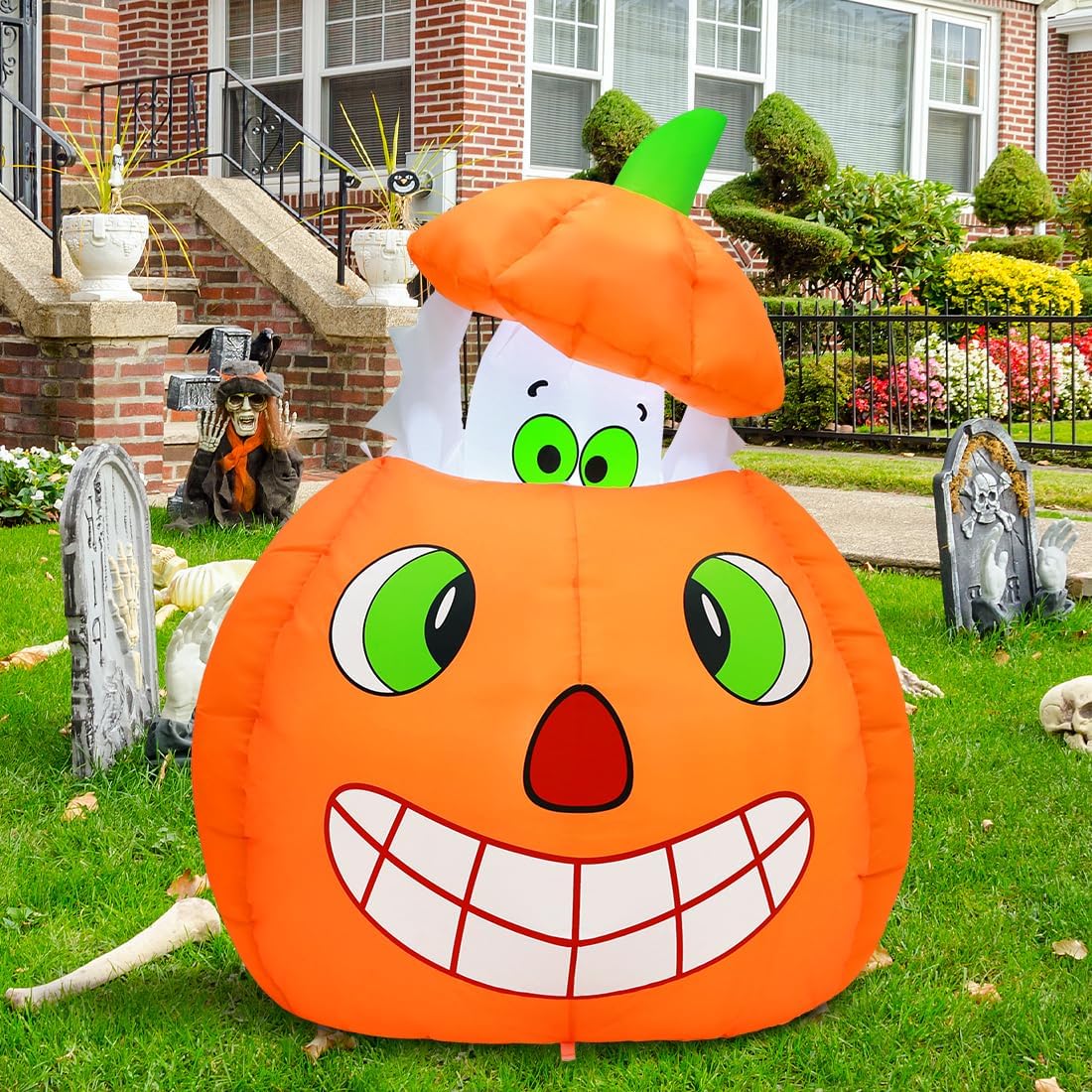 GOOSH 5 FT Halloween Inflatables Animated Pumpkin Ghost Outdoor Decorations Blow Up Yard with Built-in LEDs for Indoor Party Garden Lawn Decor
