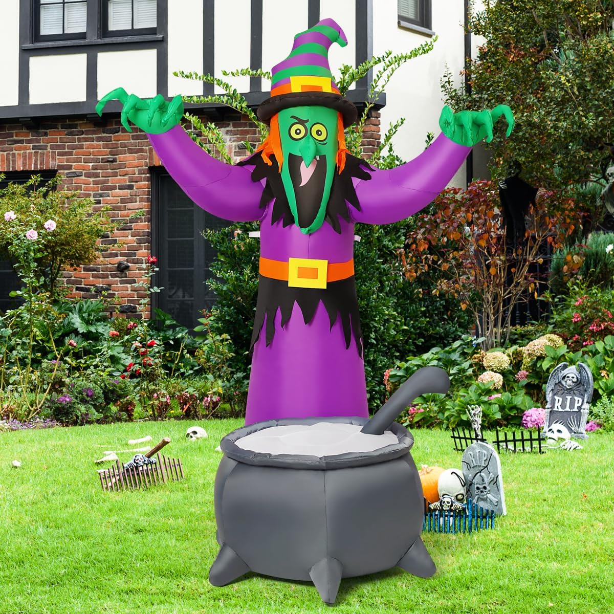 Goosh 6FT Halloween Inflatables Animated Witch Waving Hands Blow Up Outdoor Yard Decorations Garden Lawn Decor