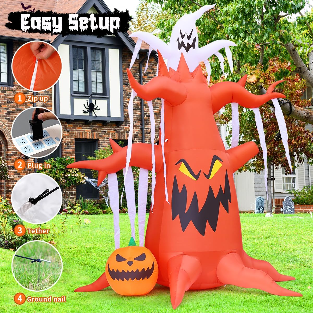 GOOSH 10 FT Halloween Inflatables Tree Outdoor Decorations Blow Up Yard Scary Dead Tree with Pumpkin and Ghost with Built-in LEDs for Garden Lawn Indoor Party Decor