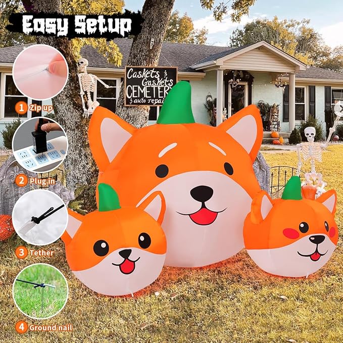 GOOSH 5 FT Long Halloween Inflatables Pumpkin Dog Outdoor Decorations Blow Up Yard Dog Head Combo Decoration with Built-in LEDs for Indoor Party Garden Lawn Holiday Decor