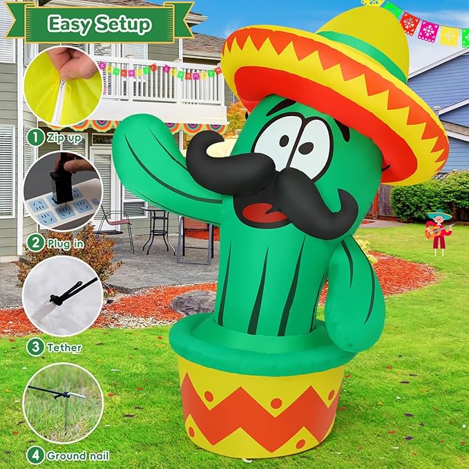GOOSH 5 FT Cinco De Mayo Inflatables Cactus Outdoor Mexican Decorations Blow Up Yard Cactus Taco Sombrero Mexican Fiesta Party Decoration with Built-in LEDs for Indoor Garden Lawn Yard Decor