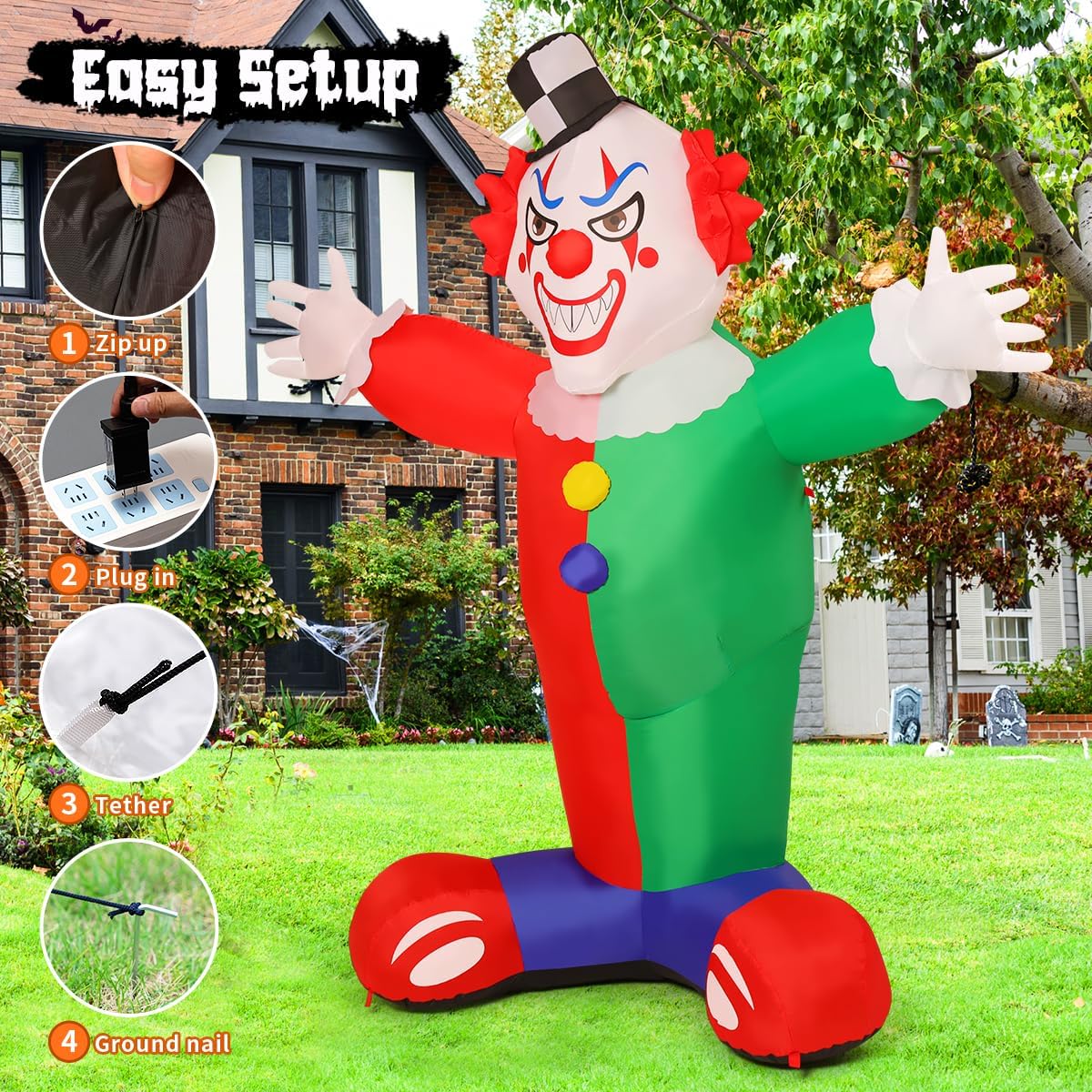 GOOSH 7.2 FT Halloween Inflatables Clown Outdoor Blow Up Yard Clown Decoration with LED Lights Built-in for Holiday Party Yard Garden
