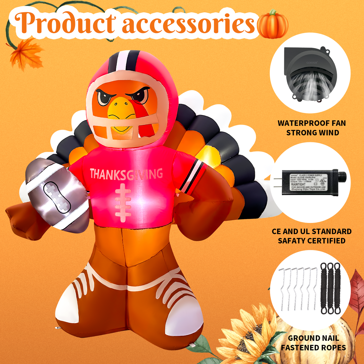 GOOSH 6FT Thanksgiving Turkey Football Inflatable with LED Lights