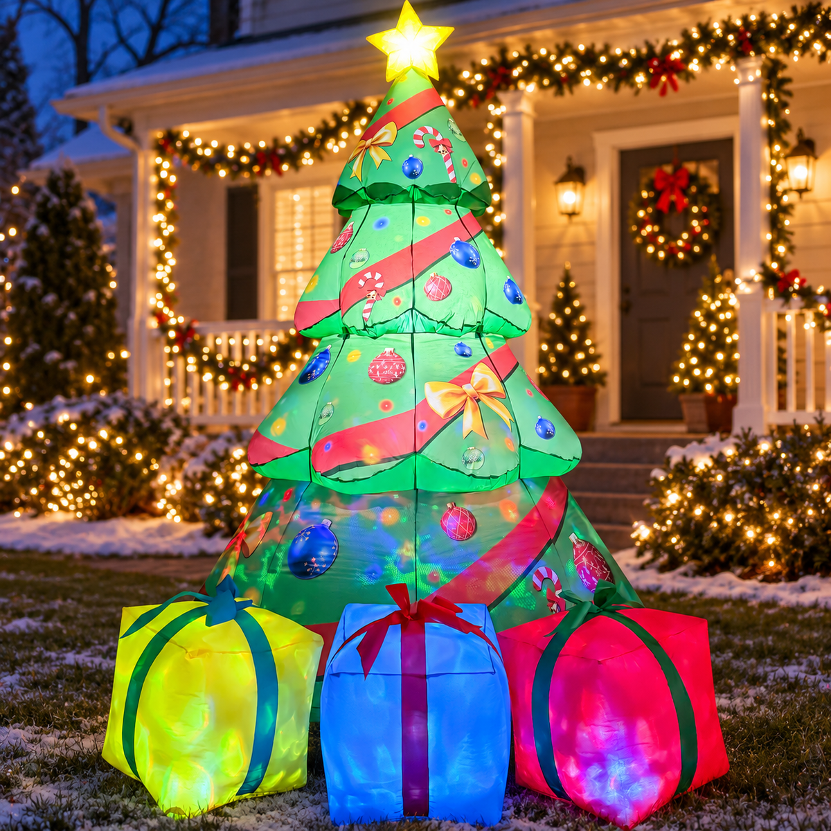 GOOSH 27748-C Christmas tree with gifts in an AI-created Christmas night yard scene, based on the original product image.