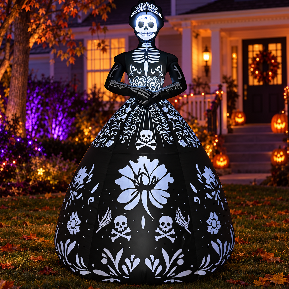 GOOSH 69769 skeleton bride in an AI-created Halloween night yard scene, based on the original product image.