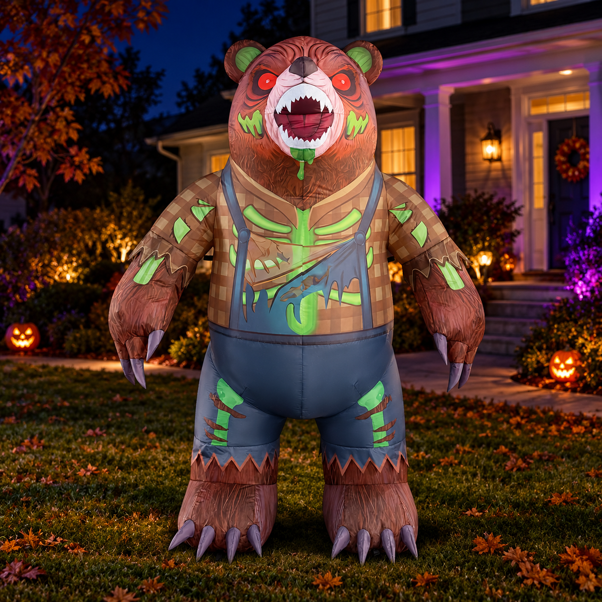 GOOSH 69770 Halloween bear in an AI-created Halloween night yard scene, based on the original product image.