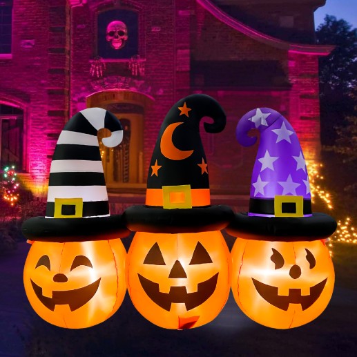GOOSH 6FT Inflatable Trio of Pumpkins with Witch Hats – Light-Up Halloween Yard Decoration