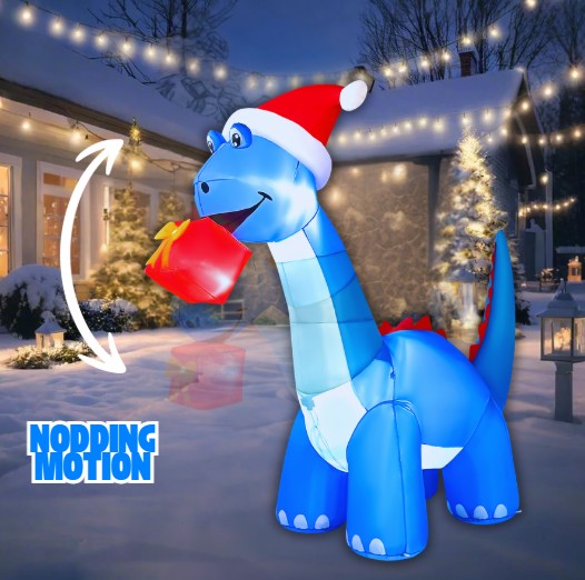 GOOSH 8FT Animated Blue Dinosaur Inflatable with Nodding Head and LED Lights