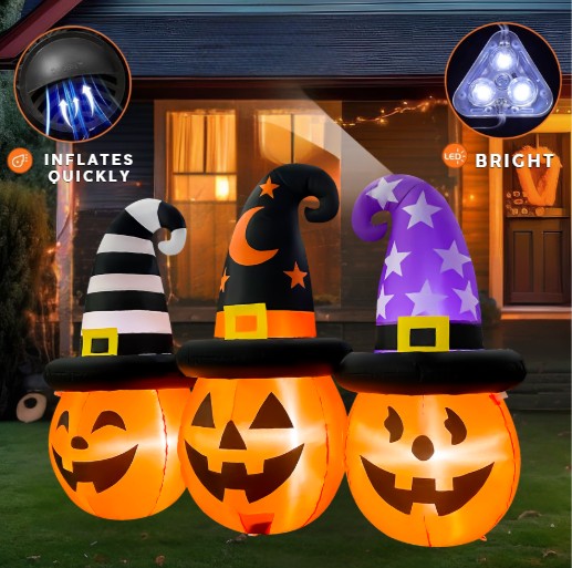 GOOSH 6FT Inflatable Trio of Pumpkins with Witch Hats – Light-Up Halloween Yard Decoration