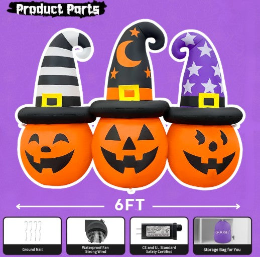 GOOSH 6FT Inflatable Trio of Pumpkins with Witch Hats – Light-Up Halloween Yard Decoration