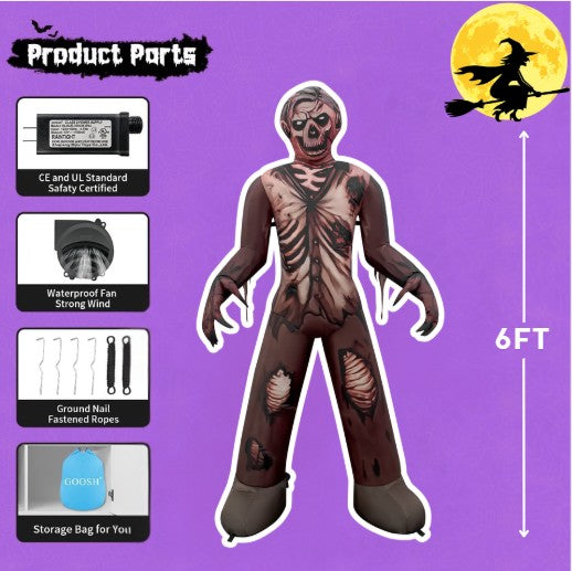 GOOSH 6FT Inflatable Zombie Skeleton – Light-Up Halloween Yard Decoration