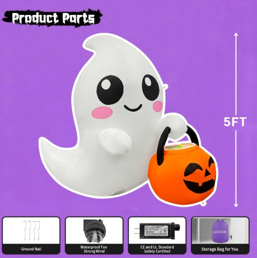 GOOSH 5FT Inflatable Cute Ghost with Pumpkin Bucket – Light-Up Halloween Yard Decoration