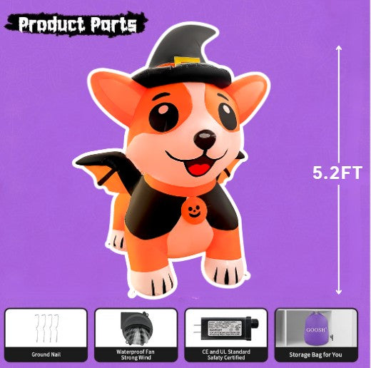 GOOSH 5.2FT Inflatable Halloween Dog with Witch Hat and Cape – Light-Up Yard Decoration