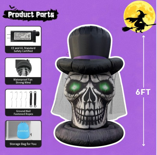 GOOSH 6FT Inflatable Skull with Top Hat – Light-Up Halloween Yard Decoration