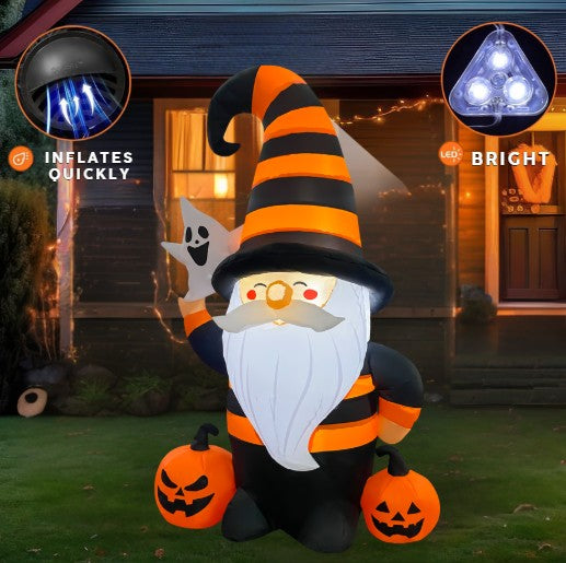 GOOSH 5FT Inflatable Halloween Gnome with Pumpkins and Ghost – Light-Up Yard Decoration