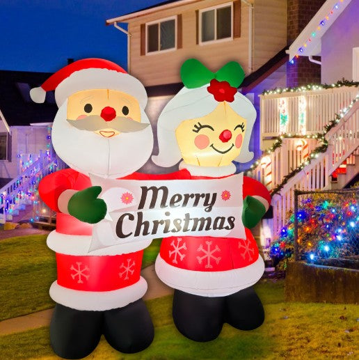 GOOSH 7FT Santa and Mrs. Claus Christmas Inflatable Holding “Happy Holidays” Sign with LED Lights