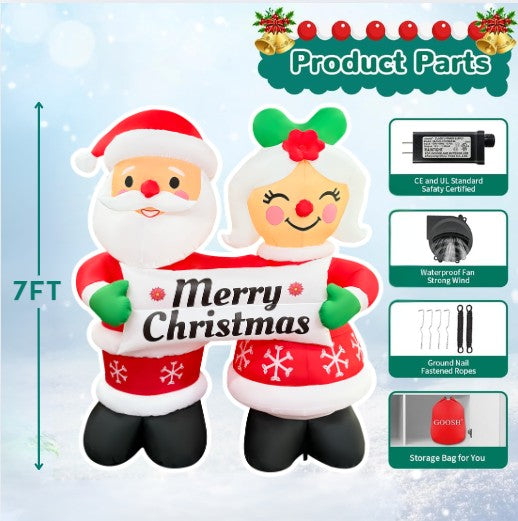 GOOSH 7FT Santa and Mrs. Claus Christmas Inflatable Holding “Happy Holidays” Sign with LED Lights