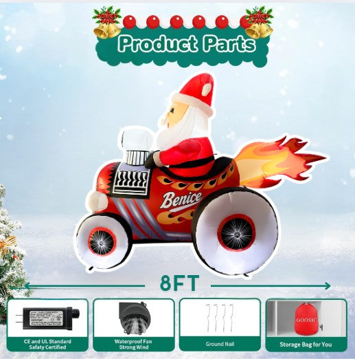 GOOSH 8FT Santa in Hot Rod Inflatable with LED Lights for Outdoor Christmas Yard Décor