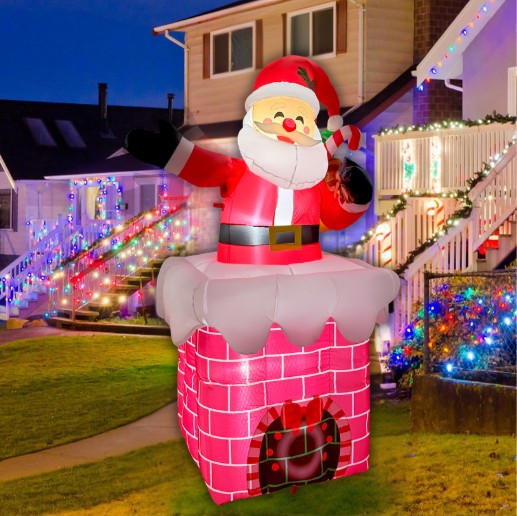 GOOSH 6FT Light-Up Santa in Chimney Christmas Inflatable with Candy Cane & Waving Arm