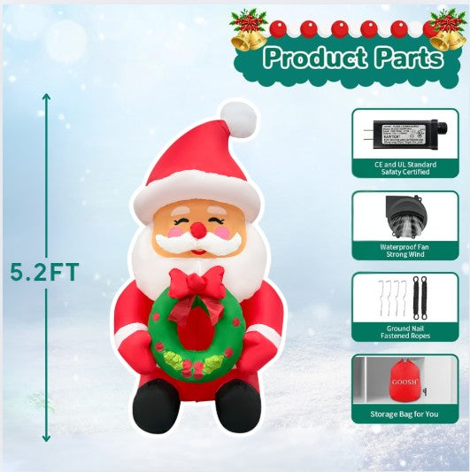 GOOSH 5.2FT Santa Holding Wreath Inflatable with LED Lights for Outdoor Christmas Décor