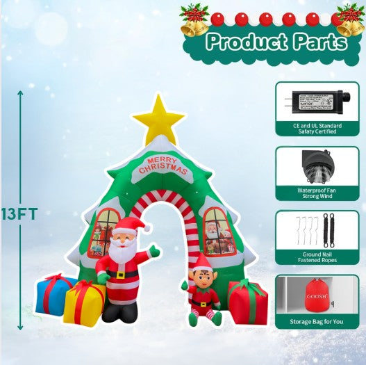 GOOSH 13FT Christmas Tree Arch Inflatable with Santa, Elf, Gifts, and LED Lights