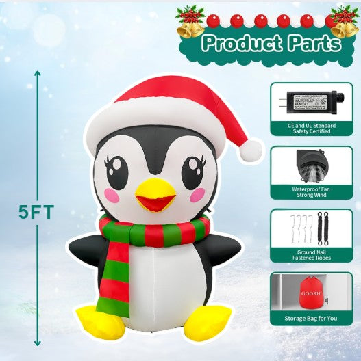 GOOSH 5FT Christmas Penguin Inflatable with Santa Hat, Scarf, and LED Lights