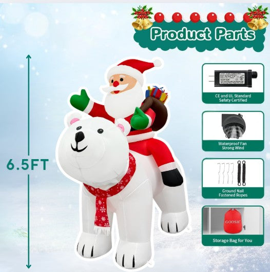 GOOSH 6.5FT Animated Santa Riding Polar Bear Inflatable Outdoor Christmas Yard Decoration