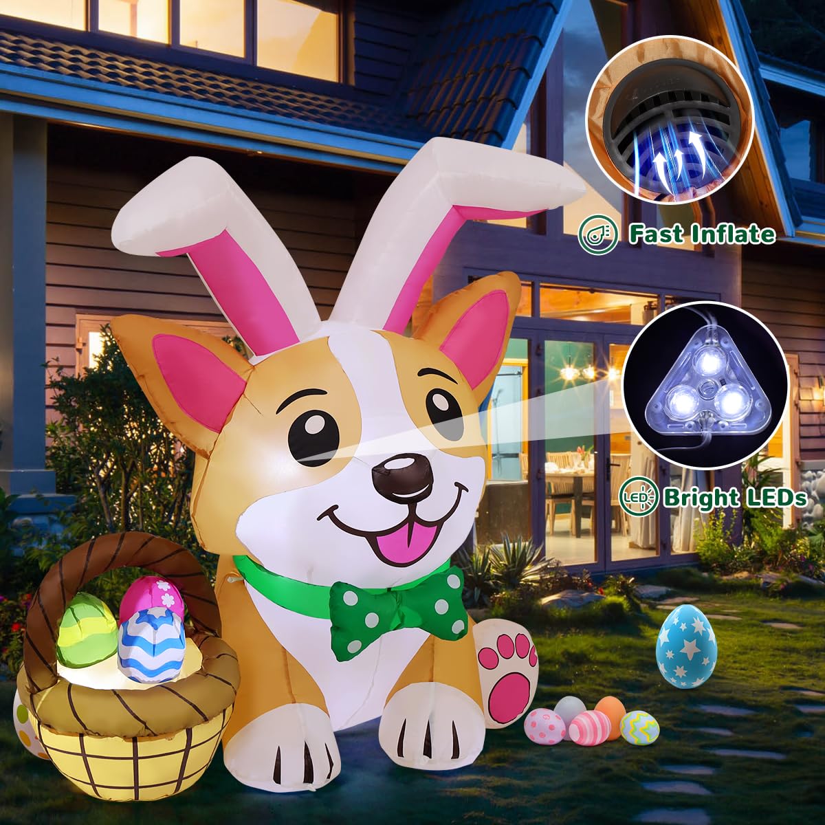 GOOSH 4.5 FT Easter Inflatables Dog Outdoor Decorations Blow Up Yard Cute Puppy in Bunny Hat and Colorful Eggs with Built-in LEDs for Garden Lawn Indoor Decor
